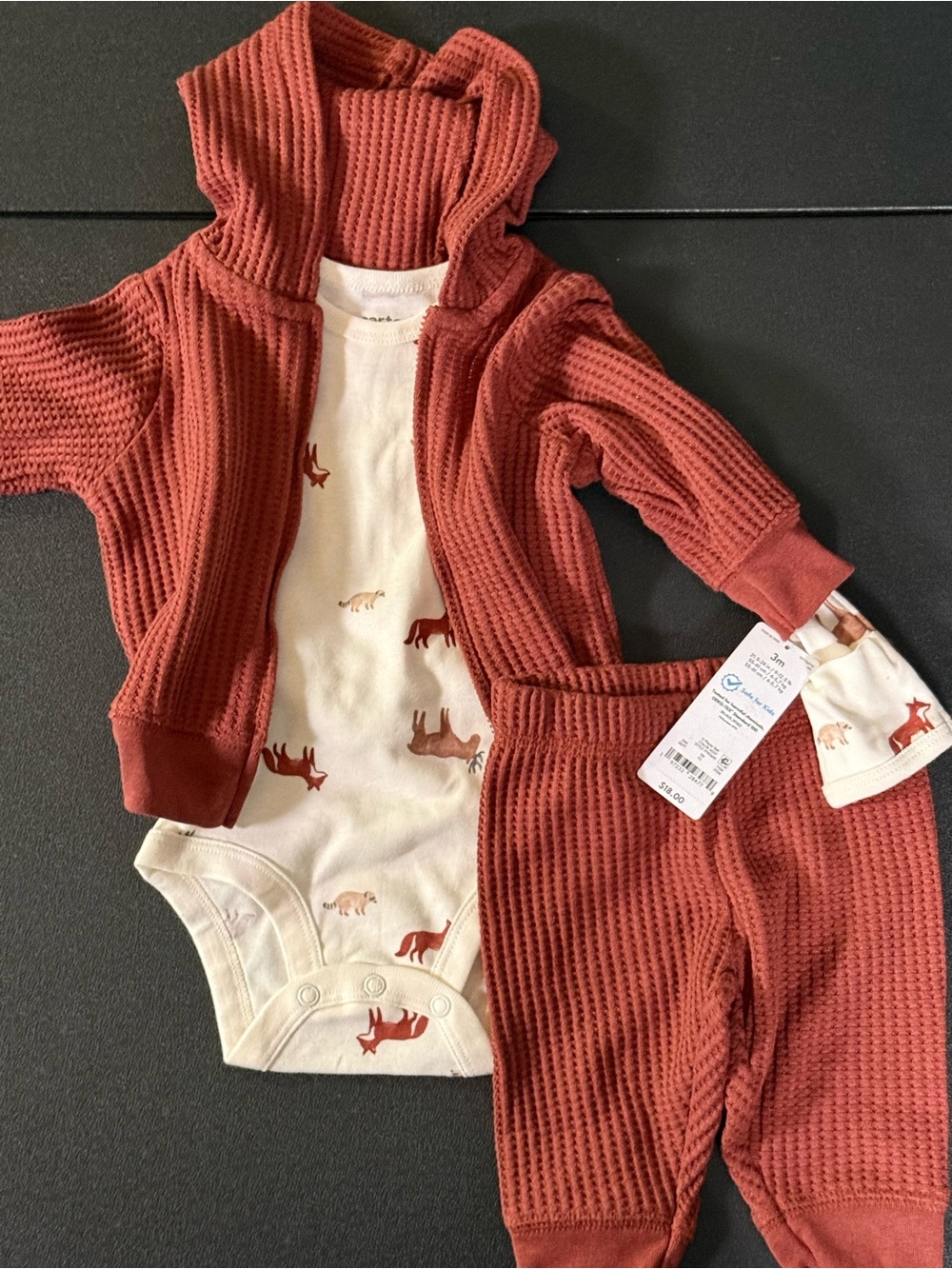 NWT Carters 3m Rust Waffle Knit Hooded 3 Piece Set with Animal Print Bodysuit